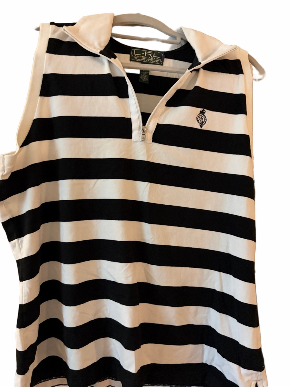 Ralph Lauren preppy cotton Black/white stripe collared top embroidered crest. XL